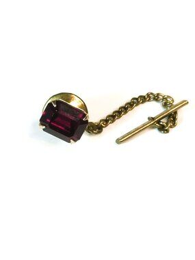 Vintage Swank Gold-Tone Tie Tack Deep Red Faceted Glass Stone Rectangle